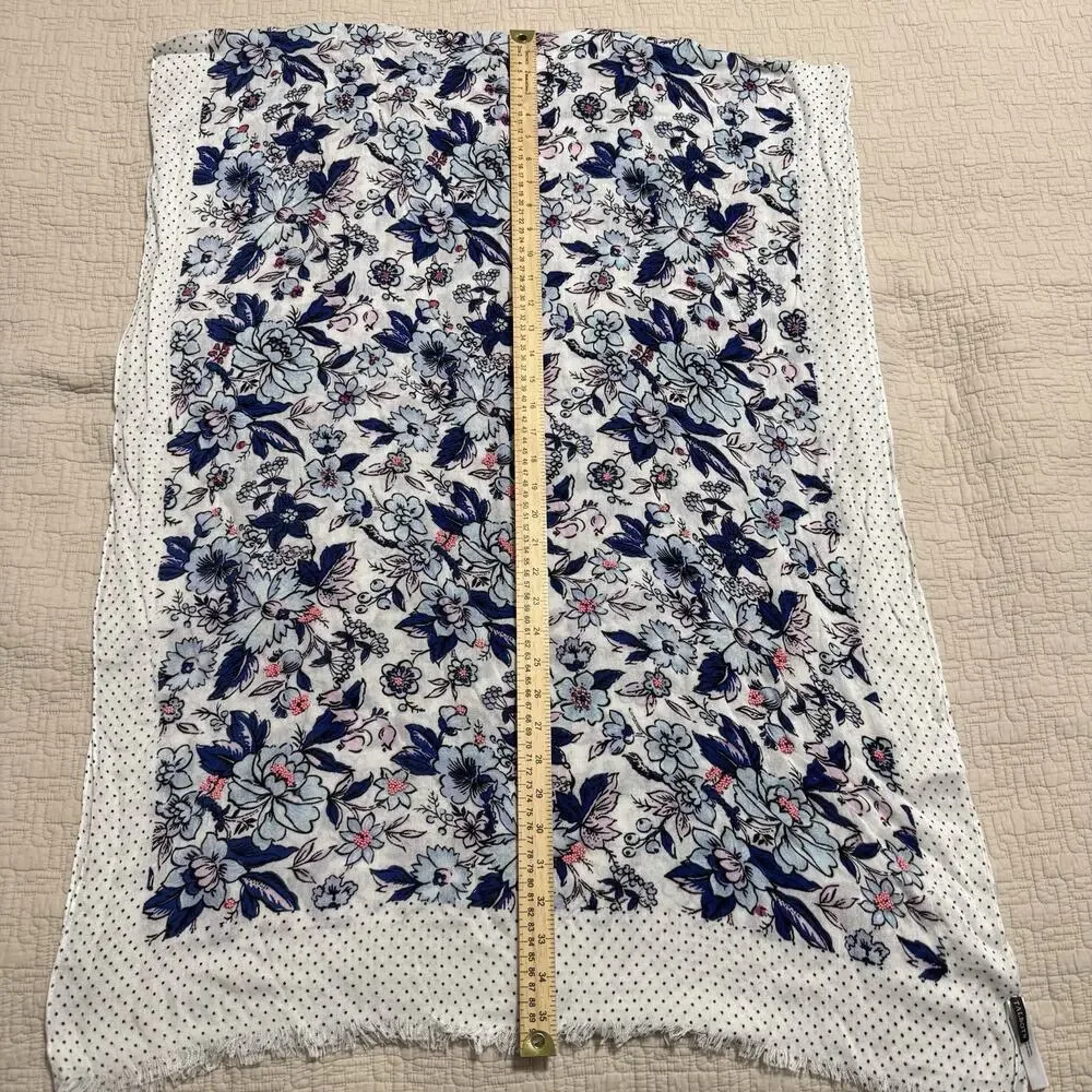 Talbots Blue Floral Beaded Scarf with Polka Dot Border